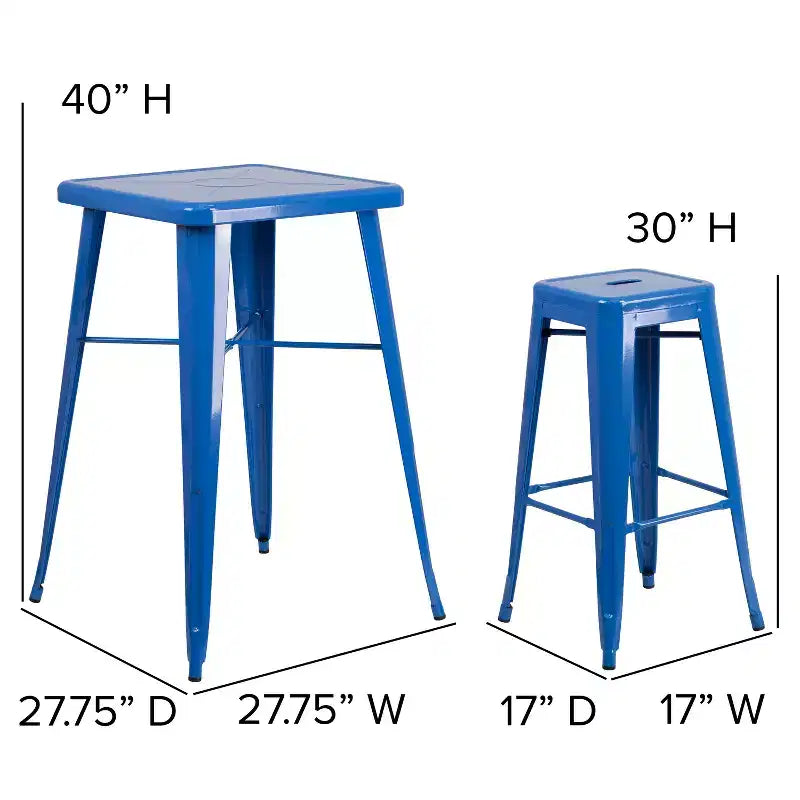 Emma and Oliver Commercial Grade 23.75 Square Metal Indoor-Outdoor Bar Set & 2 Backless Stools