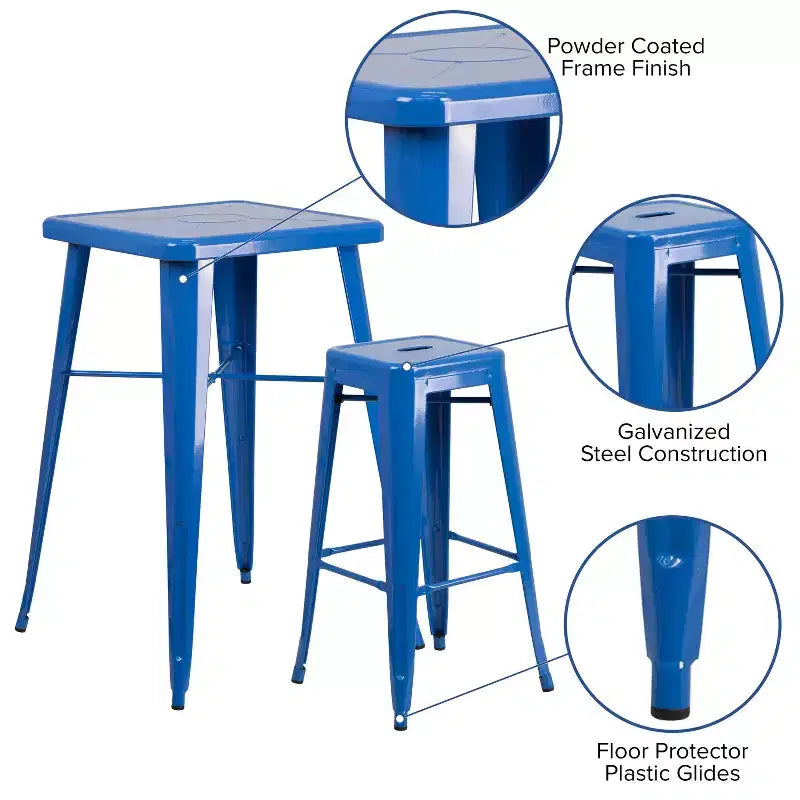 Emma and Oliver Commercial Grade 23.75 Square Metal Indoor-Outdoor Bar Set & 2 Backless Stools