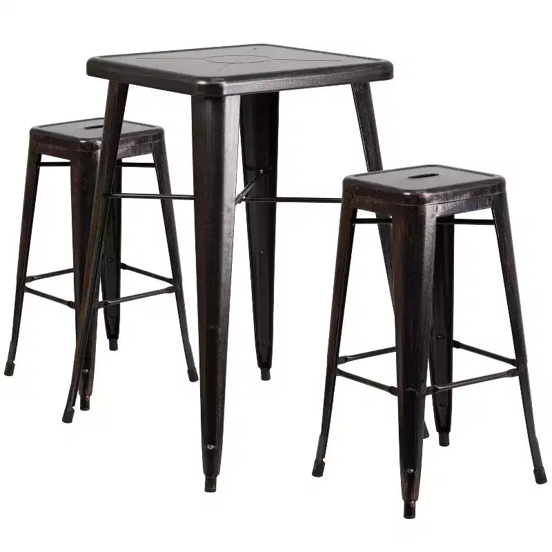 Emma and Oliver Commercial Grade 23.75 Square Metal Indoor-Outdoor Bar Set & 2 Backless Stools