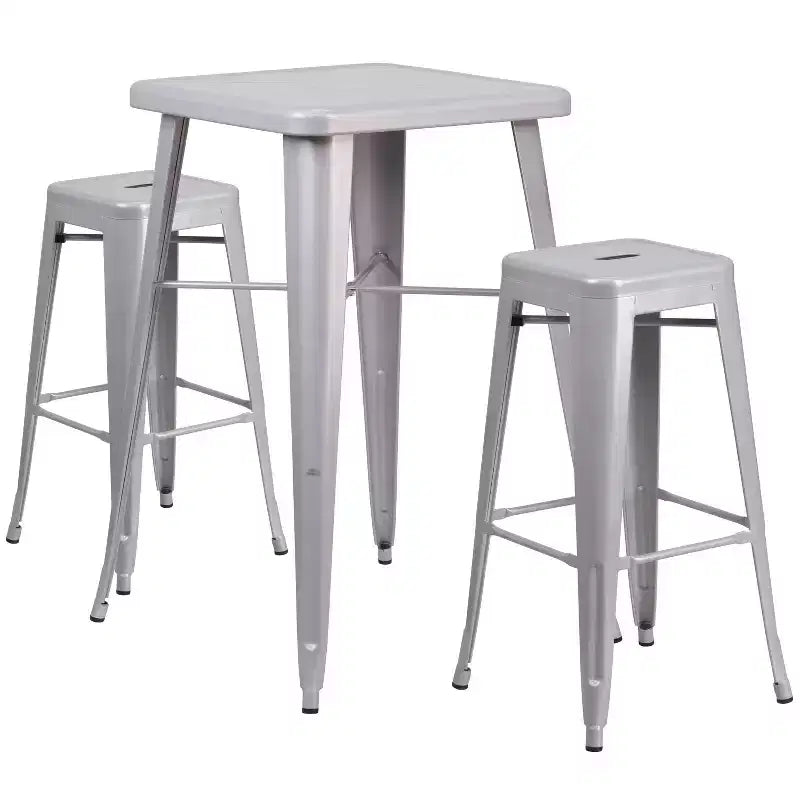 Emma and Oliver Commercial Grade 23.75 Square Metal Indoor-Outdoor Bar Set & 2 Backless Stools