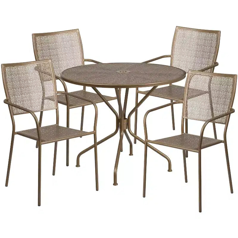 Emma and Oliver Commercial Grade 35.25 Round Metal Garden Patio Table Set, 4 Square Back Chairs