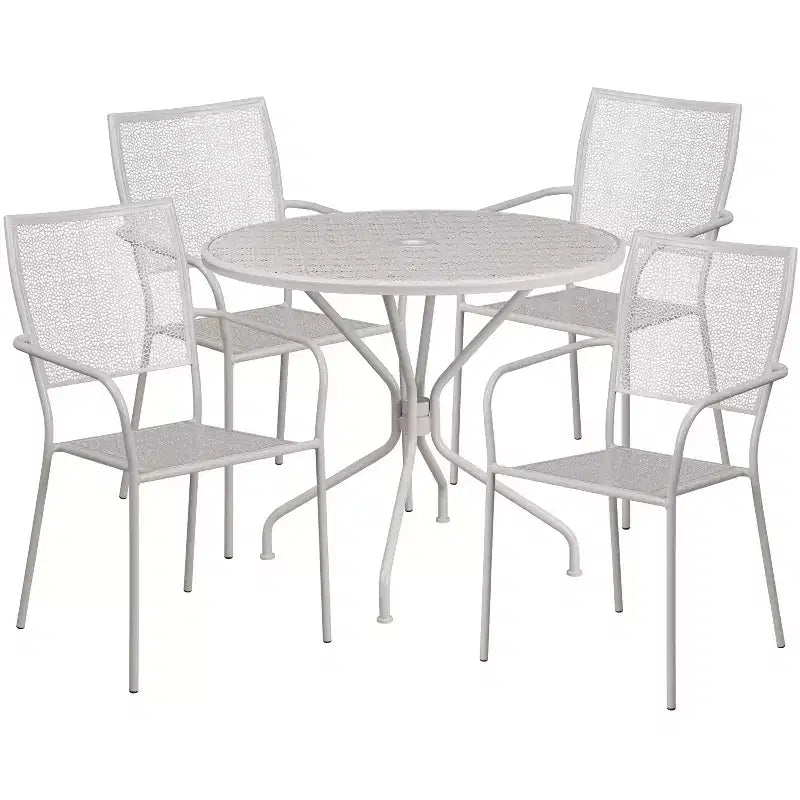 Emma and Oliver Commercial Grade 35.25 Round Metal Garden Patio Table Set, 4 Square Back Chairs