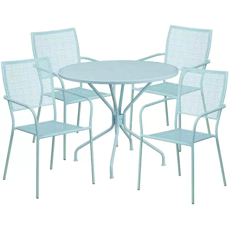 Emma and Oliver Commercial Grade 35.25 Round Metal Garden Patio Table Set, 4 Square Back Chairs