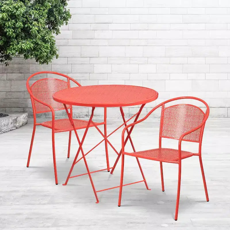 Emma and Oliver Commercial Grade 30 Round Metal Folding Patio Table Set w/ 2 Round Back Chairs