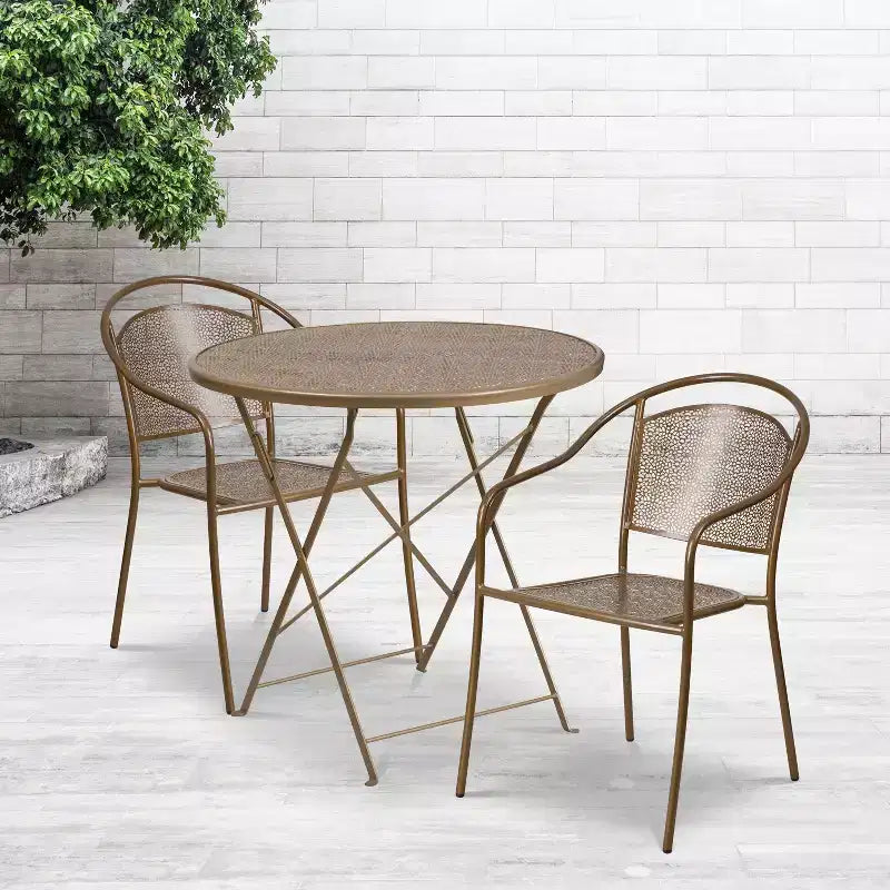 Emma and Oliver Commercial Grade 30 Round Metal Folding Patio Table Set w/ 2 Round Back Chairs