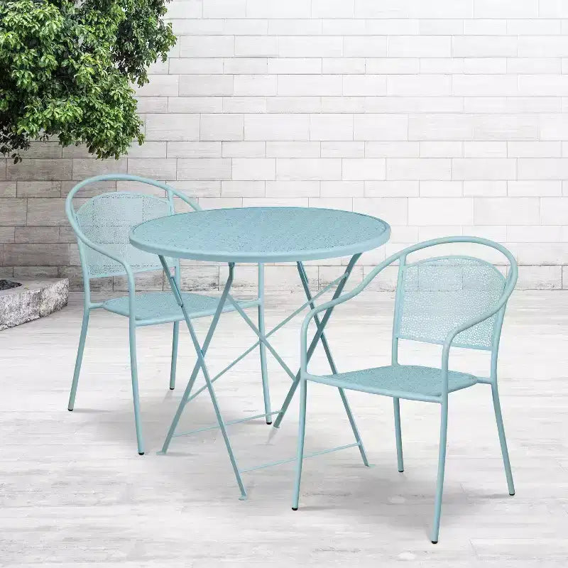 Emma and Oliver Commercial Grade 30 Round Metal Folding Patio Table Set w/ 2 Round Back Chairs