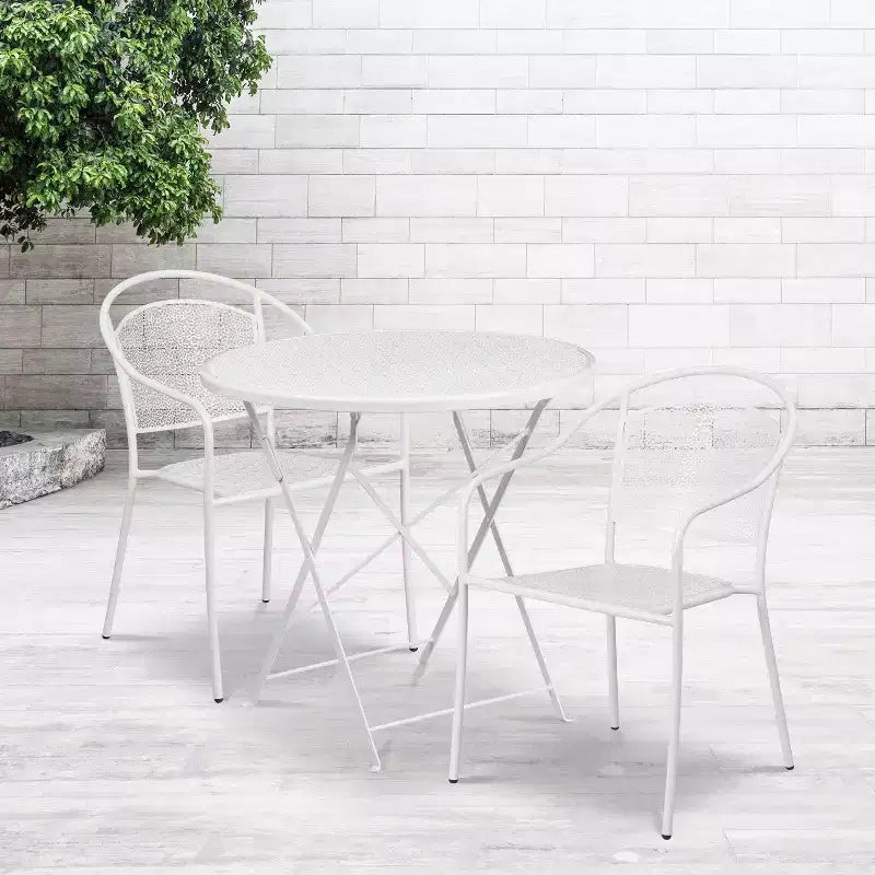 Emma and Oliver Commercial Grade 30 Round Metal Folding Patio Table Set w/ 2 Round Back Chairs