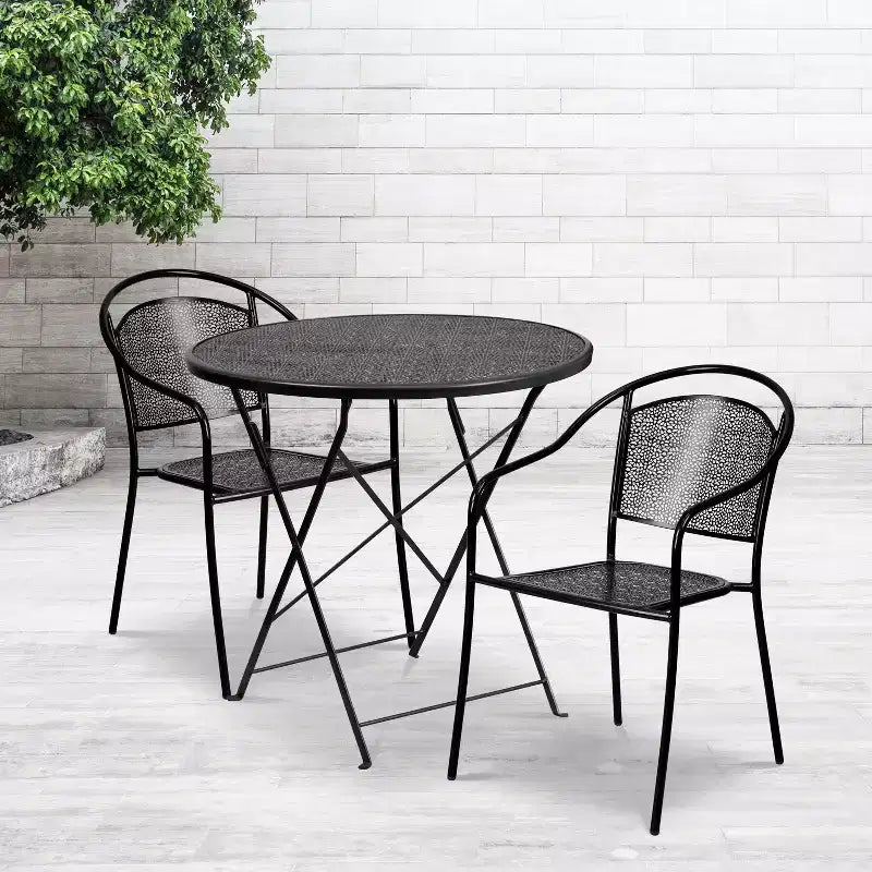 Emma and Oliver Commercial Grade 30 Round Metal Folding Patio Table Set w/ 2 Round Back Chairs