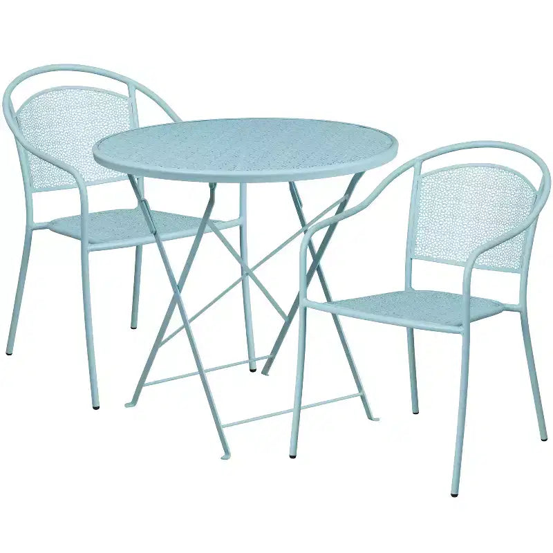 Emma and Oliver Commercial Grade 30 Round Metal Folding Patio Table Set w/ 2 Round Back Chairs
