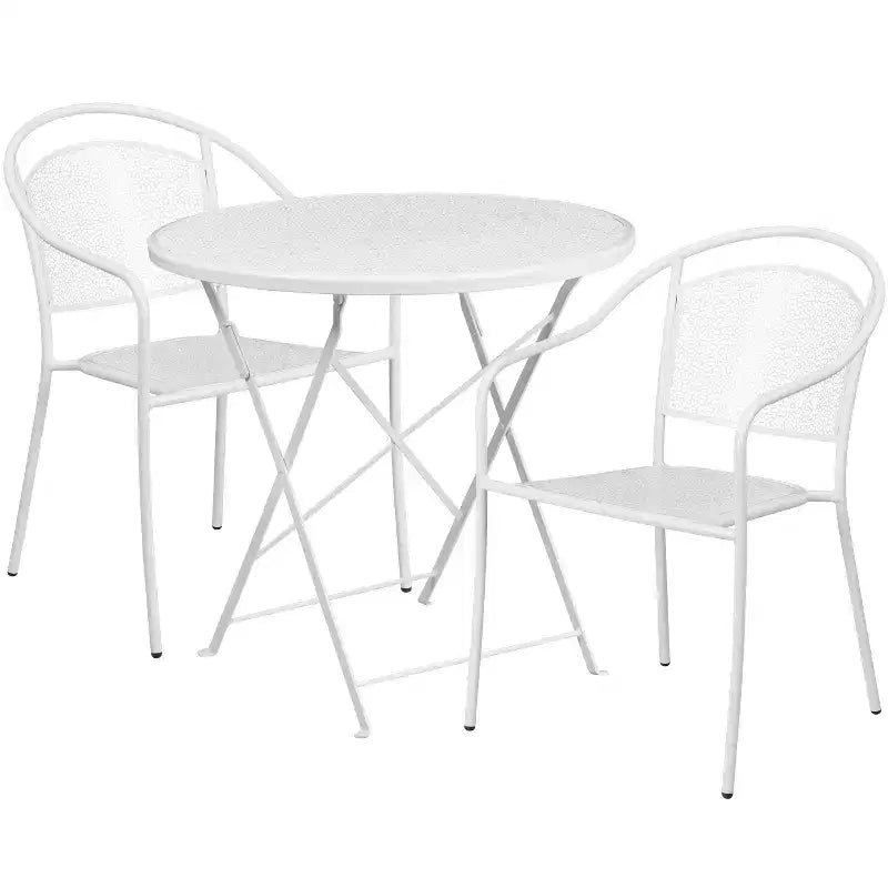 Emma and Oliver Commercial Grade 30 Round Metal Folding Patio Table Set w/ 2 Round Back Chairs