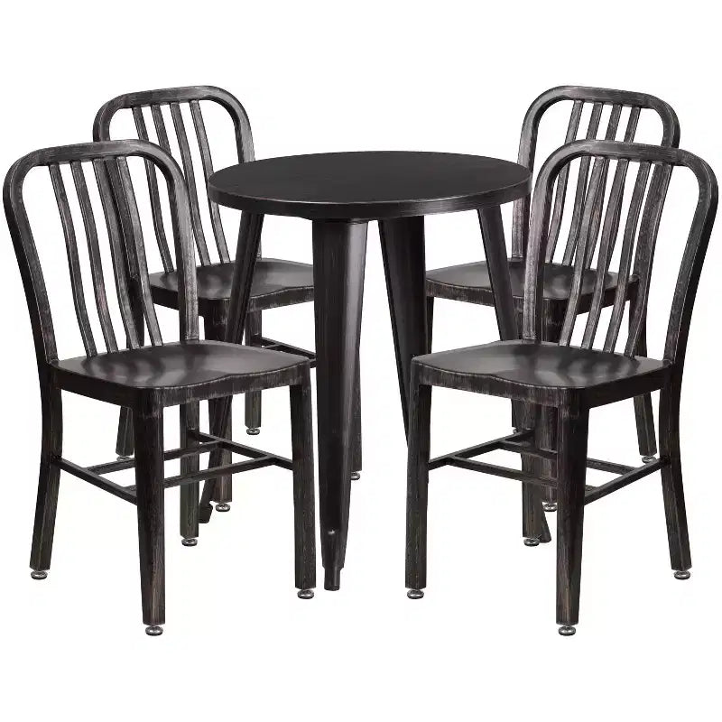 Emma and Oliver Commercial Grade 24 Round Metal Indoor-Outdoor Table Set & 4 Slat Back Chairs