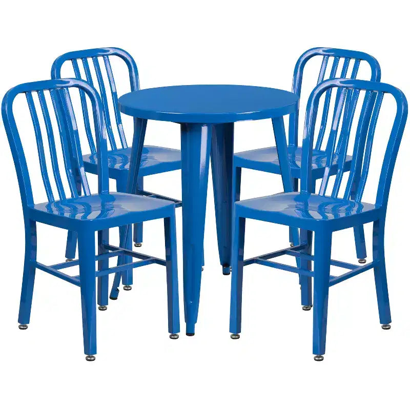 Emma and Oliver Commercial Grade 24 Round Metal Indoor-Outdoor Table Set & 4 Slat Back Chairs