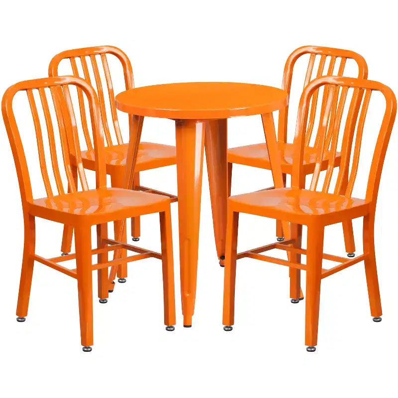Emma and Oliver Commercial Grade 24 Round Metal Indoor-Outdoor Table Set & 4 Slat Back Chairs