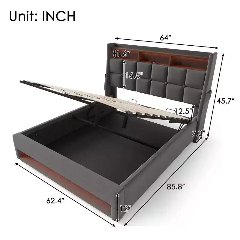 Queen Bed with Hydraulic Storage, LED, USB, Upholstered Headboard, No Box Spring, Easy Assembly