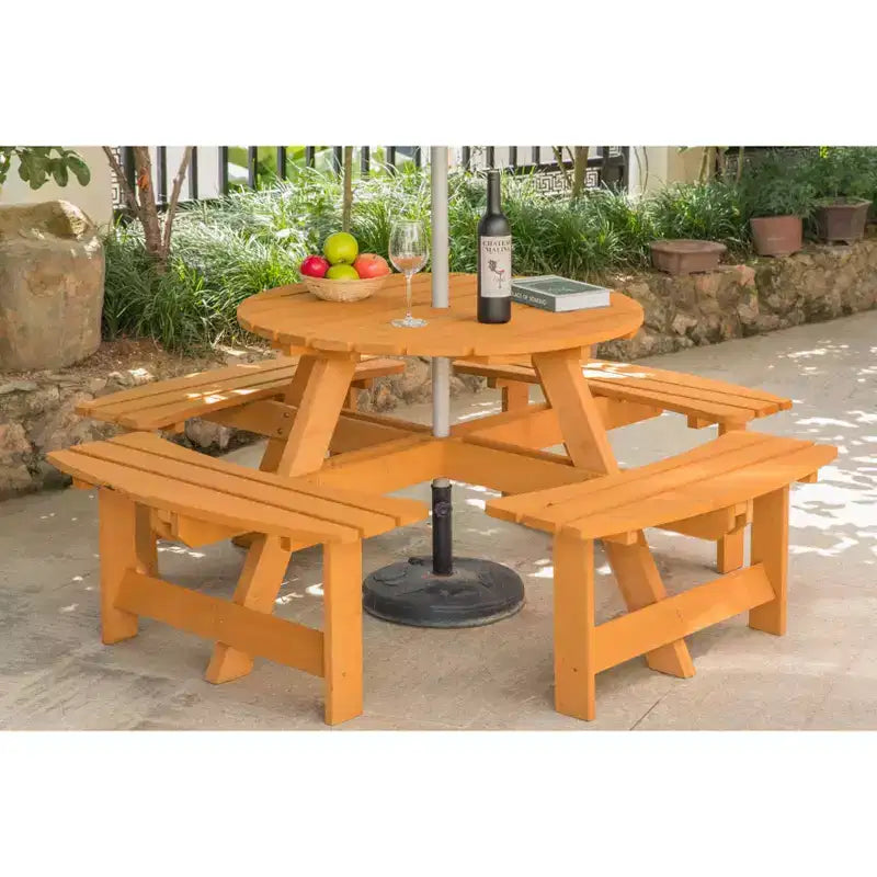 Gardenised Wooden Outdoor Patio Garden Round Picnic Table with Bench, 8 Person