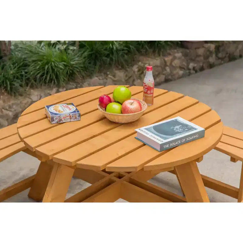 Gardenised Wooden Outdoor Patio Garden Round Picnic Table with Bench, 8 Person