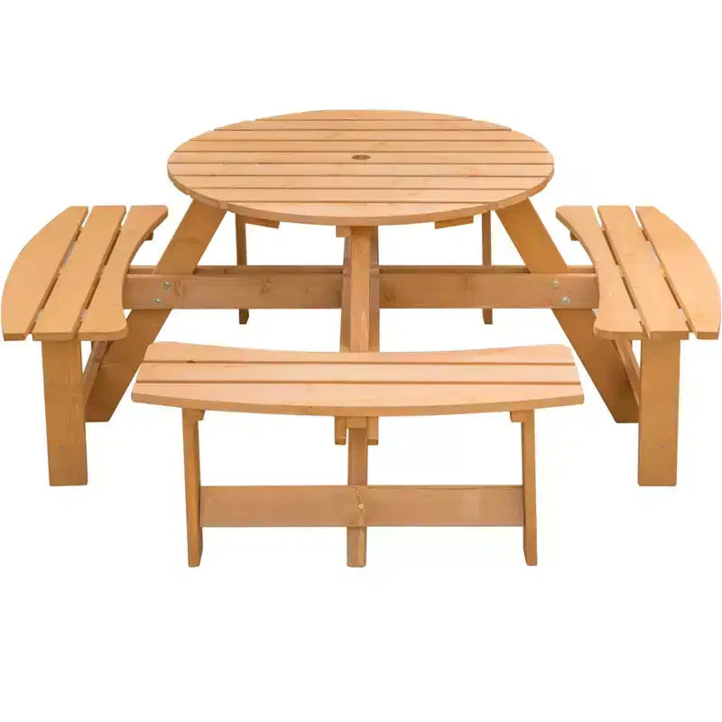Gardenised Wooden Outdoor Patio Garden Round Picnic Table with Bench, 8 Person