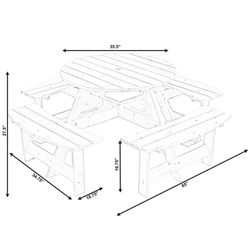 Gardenised Wooden Outdoor Patio Garden Round Picnic Table with Bench, 8 Person