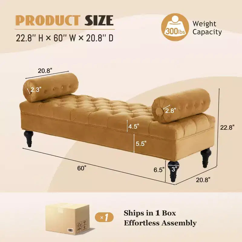 Modern End of Bed Bench for Bedroom, Velvet Upholstered Window Bench with 2 Detachable Pillows for Living Room or Entryway-Panipeachy