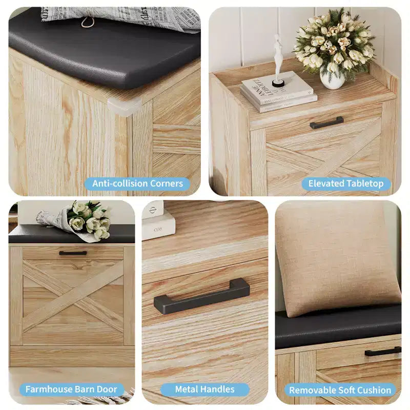 Bench with 4 flip-up drawers and padded seat cushion, Wooden narrow shoe storage rack, Suitable for living room entryway bench
