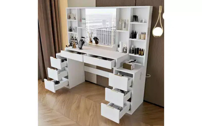Coiffeuse de 59 pouces avec miroir lumineux, 8 tiroirs, étagères ouvertes pour chambre de fille, éclairage réglable, design peu encombrant