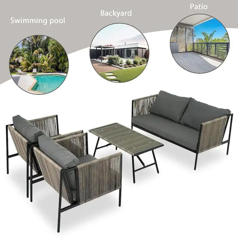 4 PCS Outdoor Rope Patio Set for 4 with Cushions and Glass Table