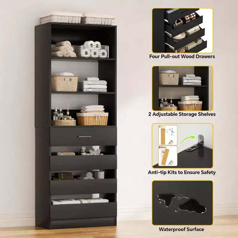 Closet Organizer System with Wood Drawers and Shelves