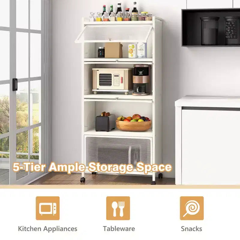 Costway 5-Tier Kitchen Bakers Rack Storage Cabinet Mobile Microwave Stand Flip-up Doors White/Black/Grey/Green
