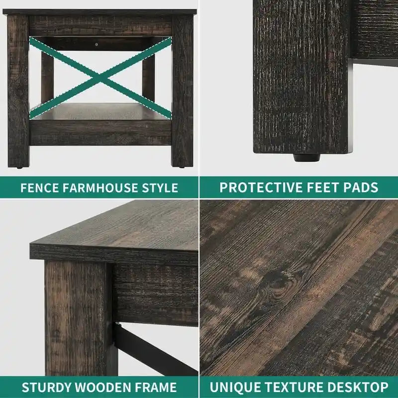 Farmhouse Wood Accent Coffee Table with Large Storage Shelf