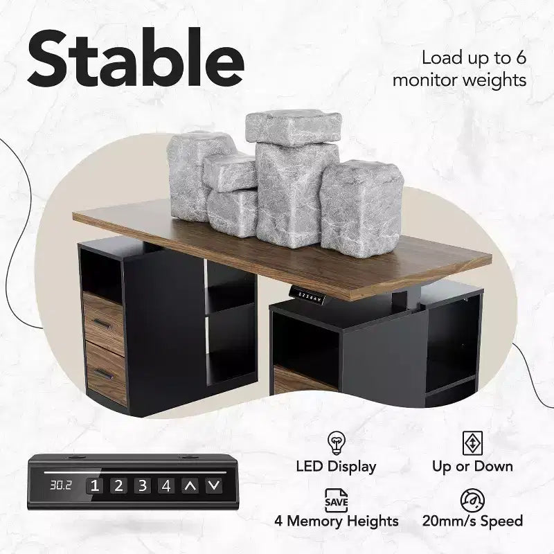 55 In Standing Desk with Drawers, Executive Electric Height Adjustable Stand Up Desk with Storage, Computer Workstation for Home Office, Black Walnut