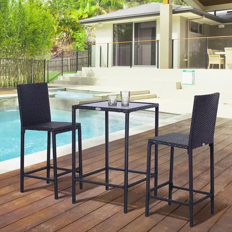 Outsunny Ensemble de bar 3 pièces en rotin avec table en verre, 2 tabourets de bar pour extérieur, terrasse, jardin, piscine, cour arrière