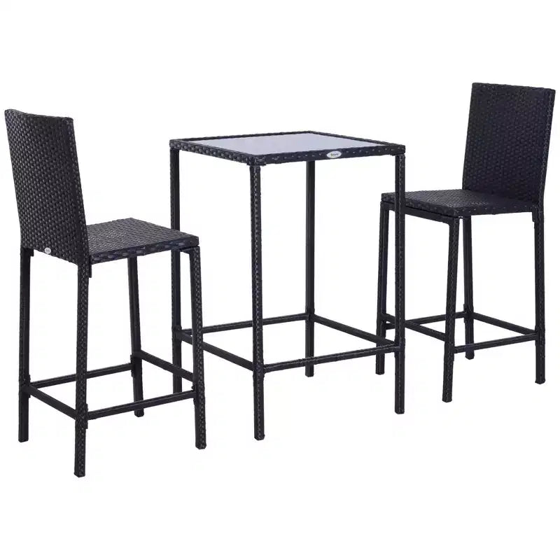 Outsunny Ensemble de bar 3 pièces en rotin avec table en verre, 2 tabourets de bar pour extérieur, terrasse, jardin, piscine, cour arrière