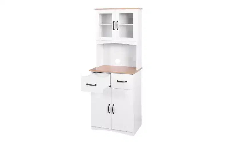 23 Wooden Kitchen Cabinet, Pantry Microwave Cabinet with Glass Doors and Drawers, Adjustable Shelves, White