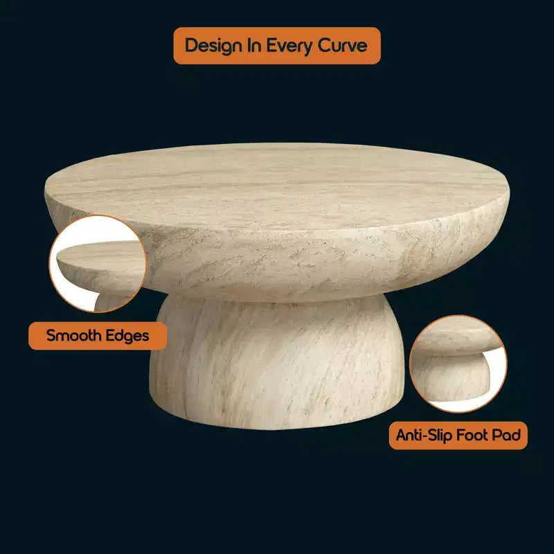 LeisureMod Lunexa Round Coffee Table  Fiberstone Pedestal Accent Table for Indoor or Outdoor Use, Sculpted Design with Anti-Slip Foot Pads