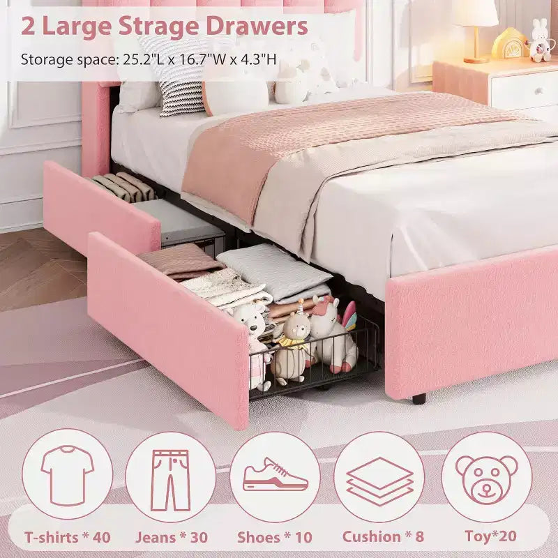 Bed frame with storage headboard, childrens bed frame with 2 drawers, fabric upholstered platform bed, contoured headboard with bookshelf