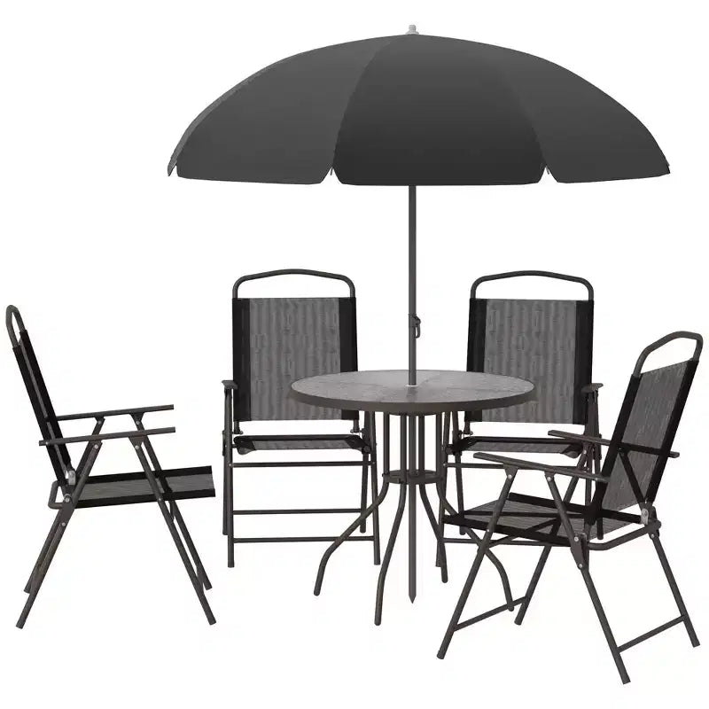 Outsunny 6 Piece Patio Dining Set for 4 with Umbrella, 4 Folding Dining Chairs & Round Glass Table for Garden, Backyard, and Poolside