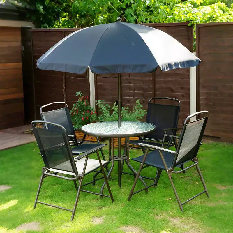 Outsunny 6 Piece Patio Dining Set for 4 with Umbrella, 4 Folding Dining Chairs & Round Glass Table for Garden, Backyard, and Poolside