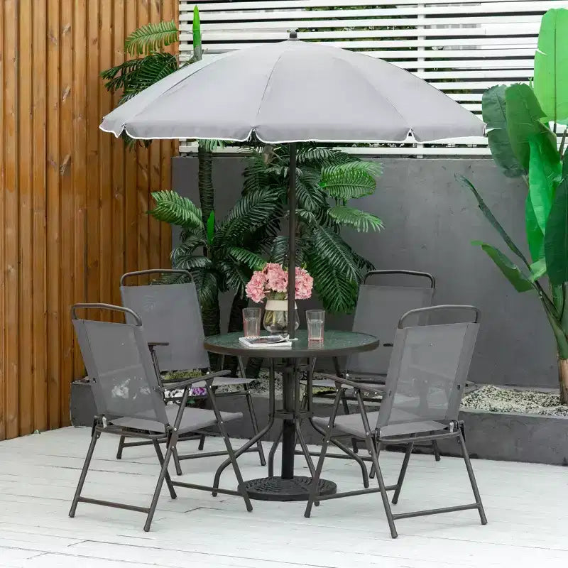 Outsunny 6 Piece Patio Dining Set for 4 with Umbrella, 4 Folding Dining Chairs & Round Glass Table for Garden, Backyard, and Poolside