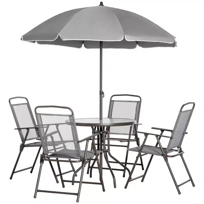 Outsunny 6 Piece Patio Dining Set for 4 with Umbrella, 4 Folding Dining Chairs & Round Glass Table for Garden, Backyard, and Poolside