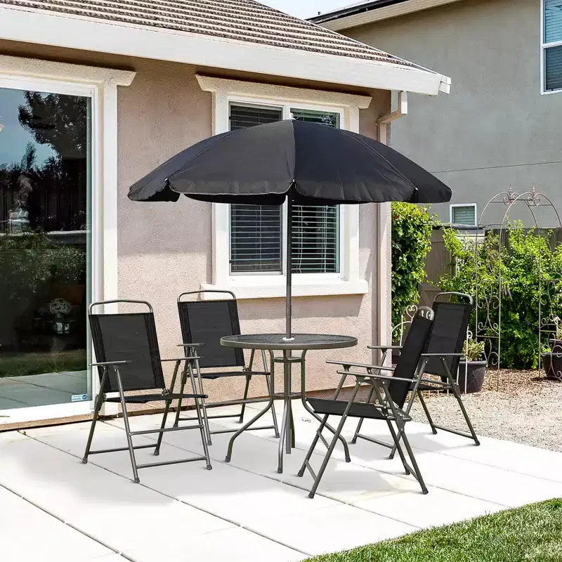 Outsunny 6 Piece Patio Dining Set for 4 with Umbrella, 4 Folding Dining Chairs & Round Glass Table for Garden, Backyard, and Poolside