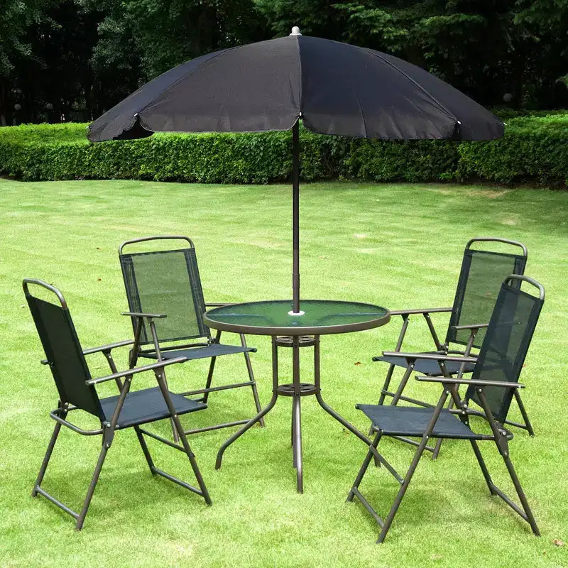 Outsunny 6 Piece Patio Dining Set for 4 with Umbrella, 4 Folding Dining Chairs & Round Glass Table for Garden, Backyard, and Poolside