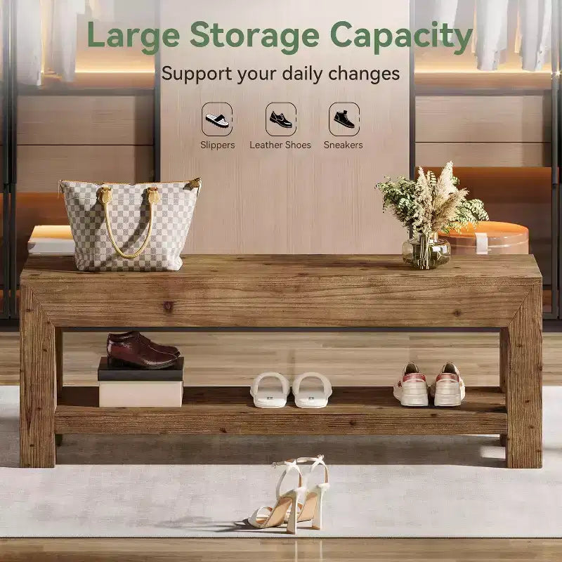 47.24 Solid Wood Entryway Bench with Open Shelves, Rustic Brown