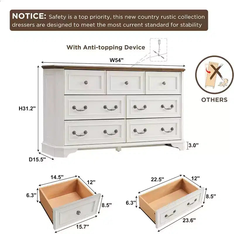 54 7-Drawer Dresser for Bedroom, Vintage Rustic Wide Chest of Drawers for Living Room & Hallway