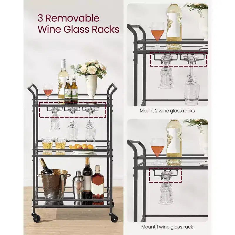 Bar Cart, Home Bar Serving Cart, Small Bar Cart with 3-Tier Shelf, Wine Holders, Glass Holders, Bar Cart, 15 x 23.6 x 36.2 Inches