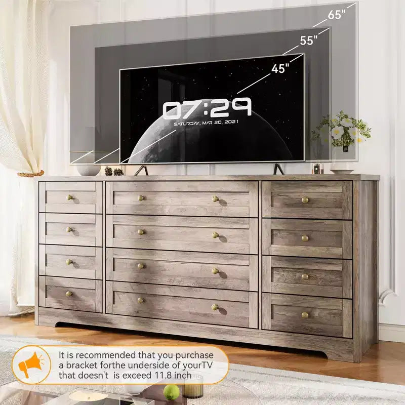 12 Drawers Dresser for Bedroom Wooden, Modern Wide TV Stand Dressers for 65 Inch TV, Wood Chest of Drawers, Farmhouse Clothes Storage for Living Room