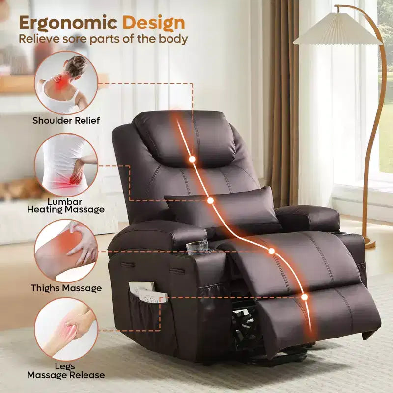 Bestier 34.6 Electric Power Lift Asist Recliner Chair with Massage and Heat, Fax Leather Reclining Chair with Side Pockets & Cup Holders