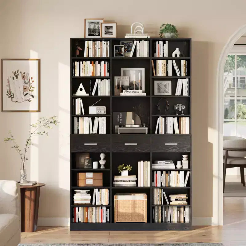 Black/White 9-Tier Bookcase with 3 Drawers, Adjustable Shelves