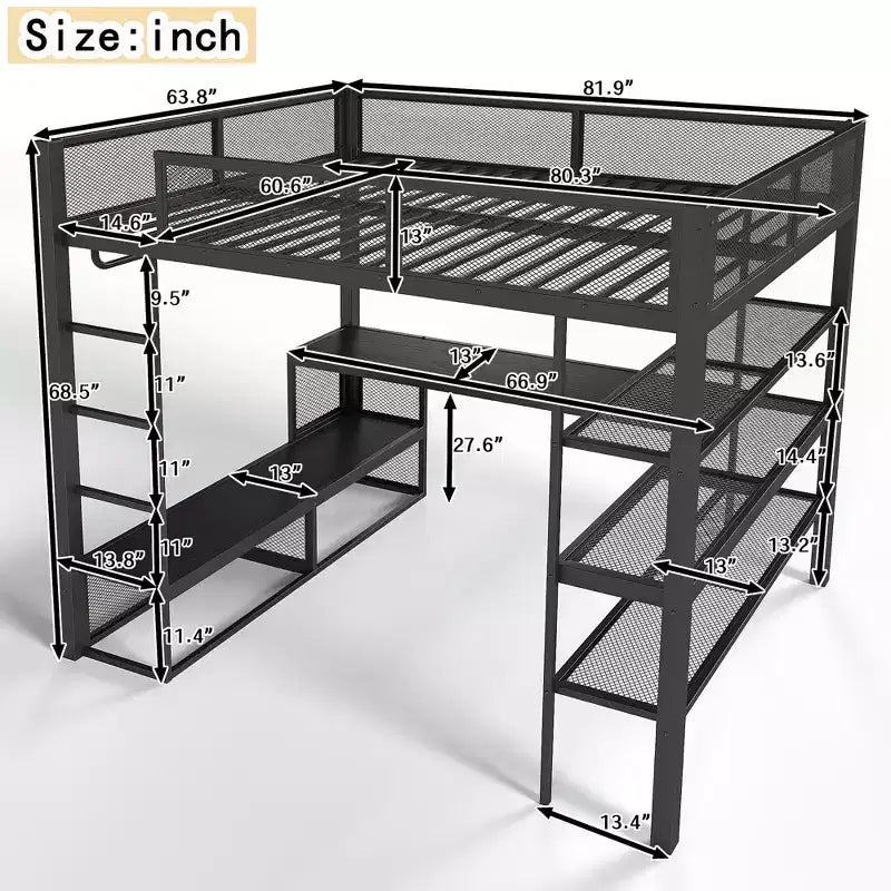 Bellemave Queen Metal Loft Bed with Desk, Storage Shelves & Hanging Rod, Space-Saving Loft Bed Frame with Guardrails & Ladder, No Box Spring, Black