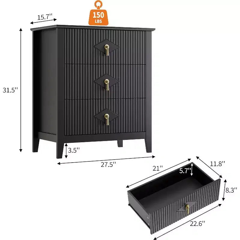 2Pcs Fluted Wood Nightstands, 27.5 Wide 3-Drawer Dresser Set, Modern Bedside Tables, Chest of Drawers for Bedroom, Living Room