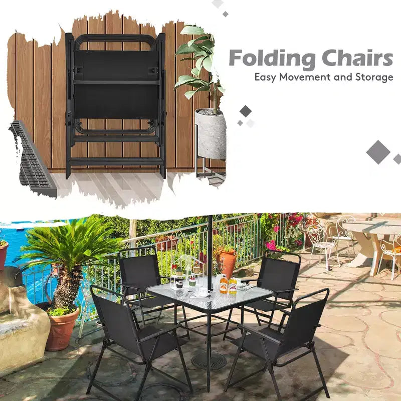 Costway 6PCS Patio Furniture Dining Set Folding Chairs Glass Table W/Umbrella Deck Grey